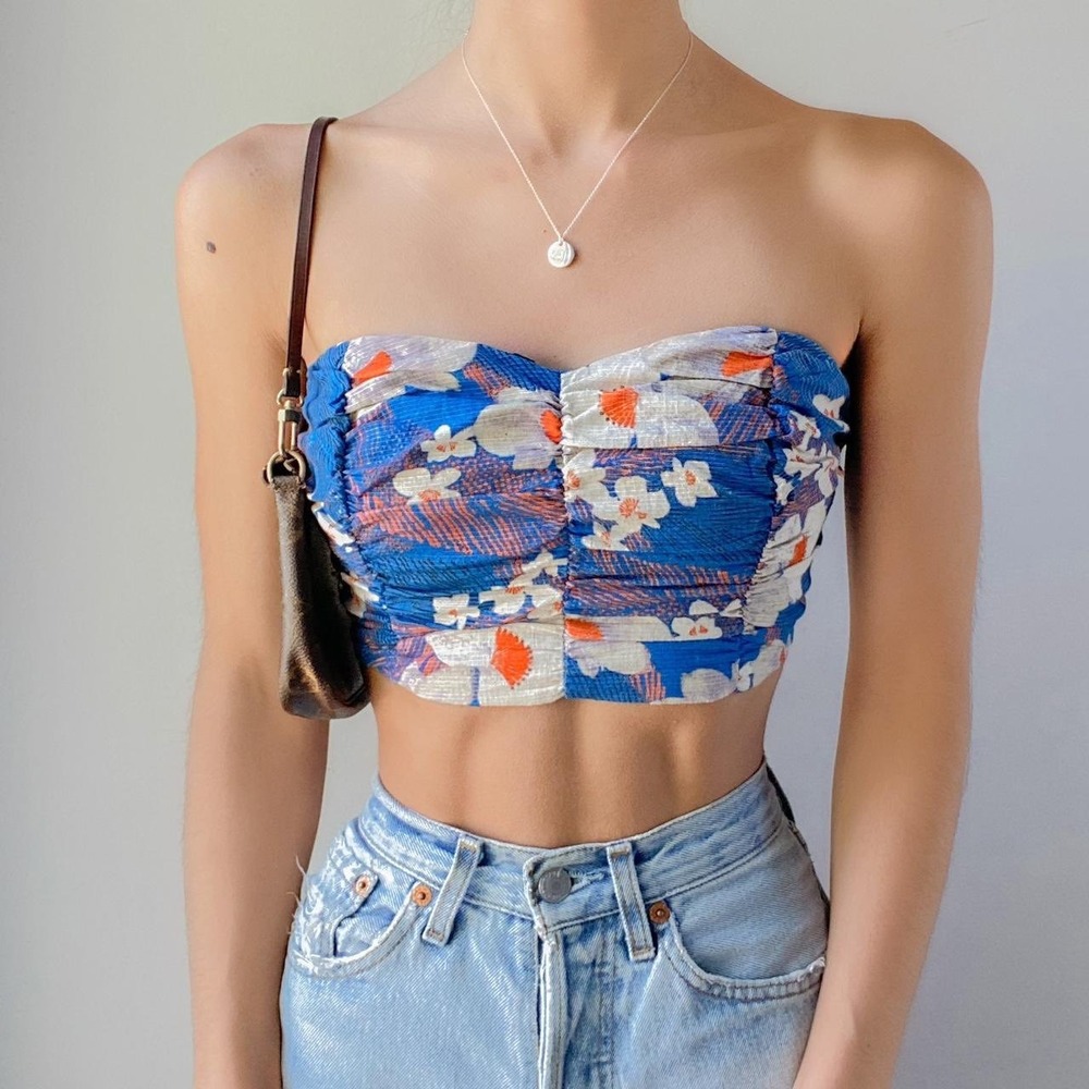 Urban Outfitters Blue Floral Bandeau Tube‎ Smocked Summer Crop Top Blue Large L